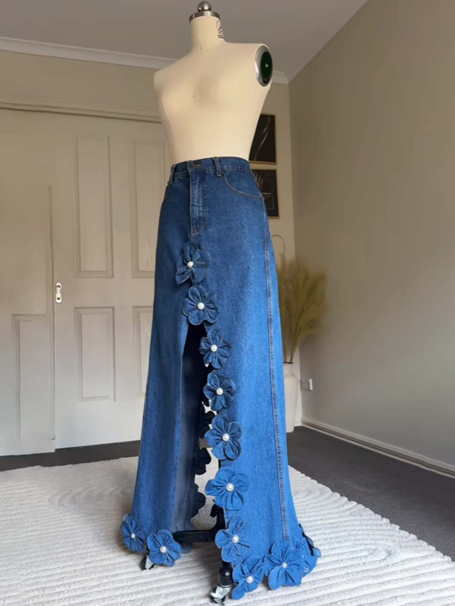 3D Flower Asymmetric Hem Denim Maxi Skirt
