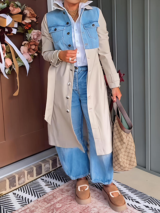 Denim Vest Patchwork Button-down Trench Coat