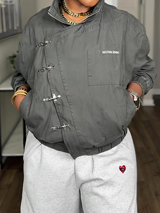 Metal Button Collared Slant Placket Soft Warm Coat