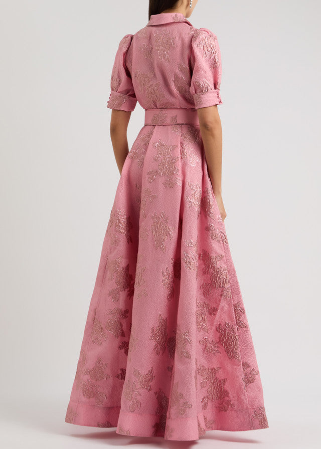 Waist-Cinching Button-Down Jacquard Maxi Dress