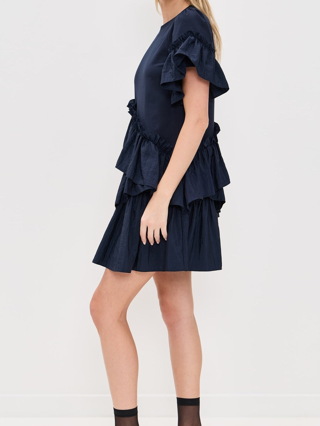 Taffeta Ruffle Trim Mini Dress