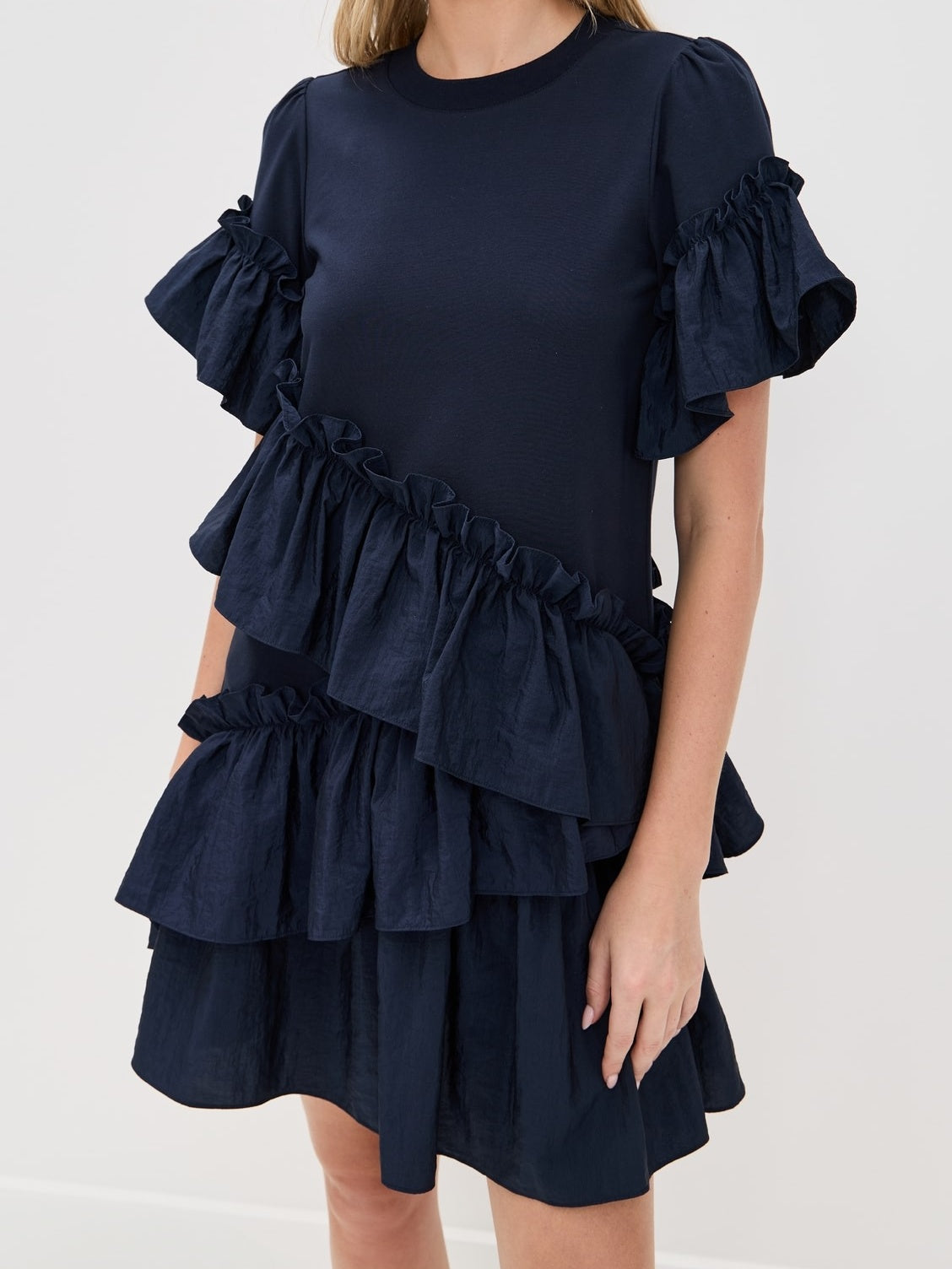 Taffeta Ruffle Trim Mini Dress