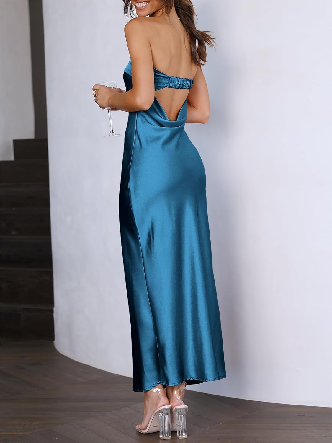 Strapless Satin Tube Bodycon Backless Maxi Dress
