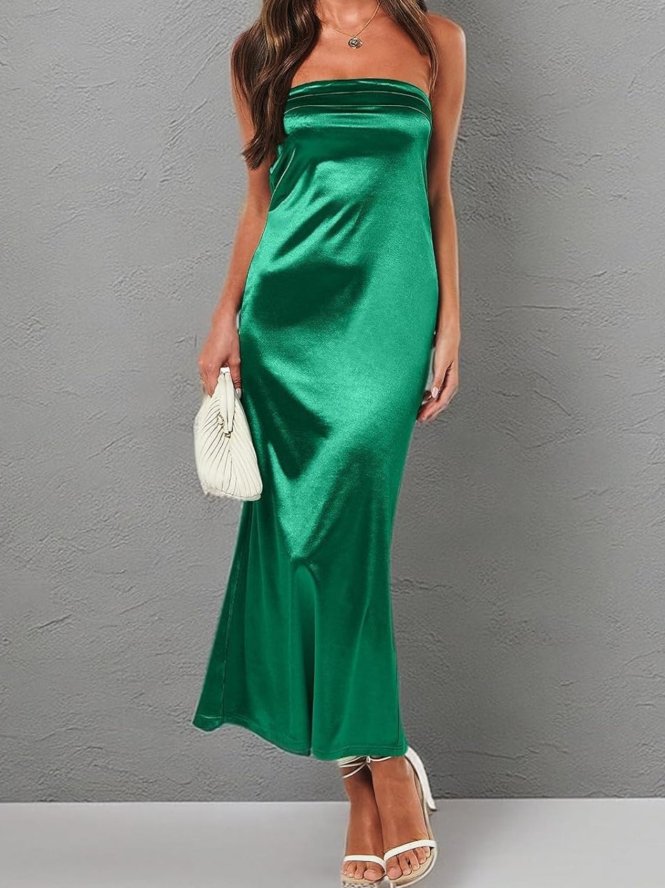 Strapless Satin Tube Bodycon Backless Maxi Dress