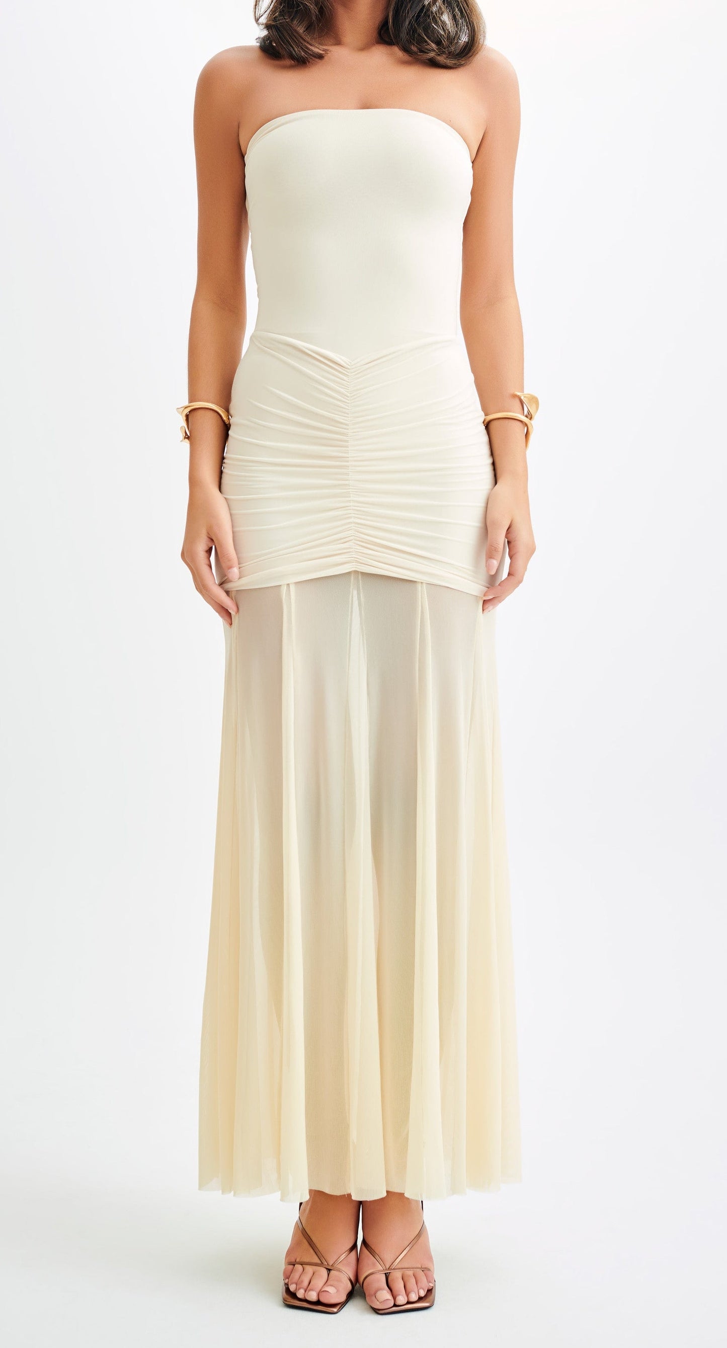 Ivory Slinky And Mesh Off Shoulder Maxi Dress