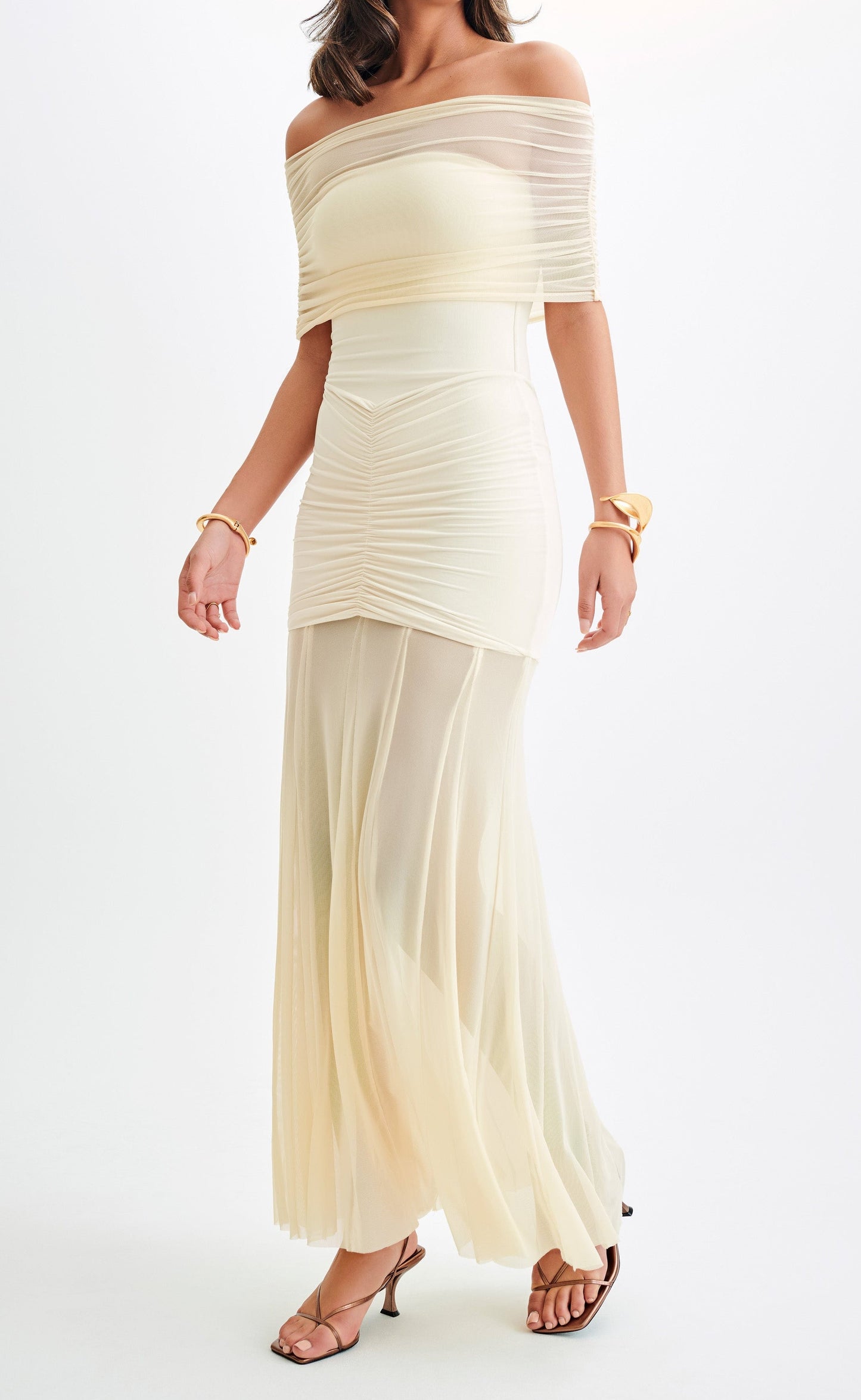 Ivory Slinky And Mesh Off Shoulder Maxi Dress