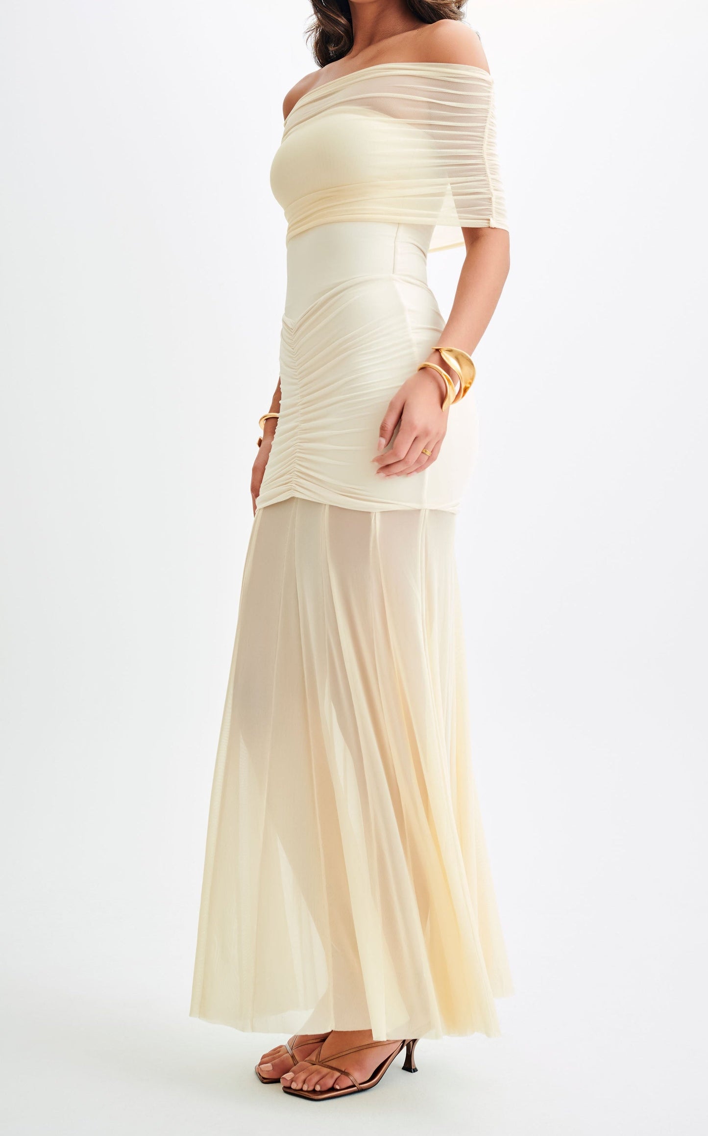 Ivory Slinky And Mesh Off Shoulder Maxi Dress