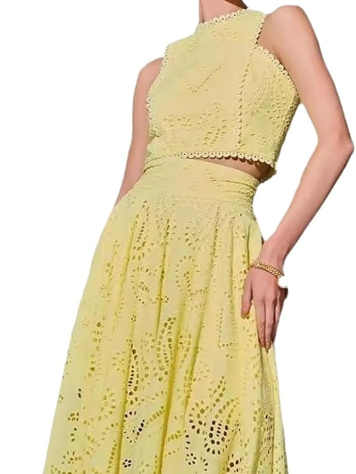 Paisley Eyelet Embroidery Sleeveless Two Pieces Dress