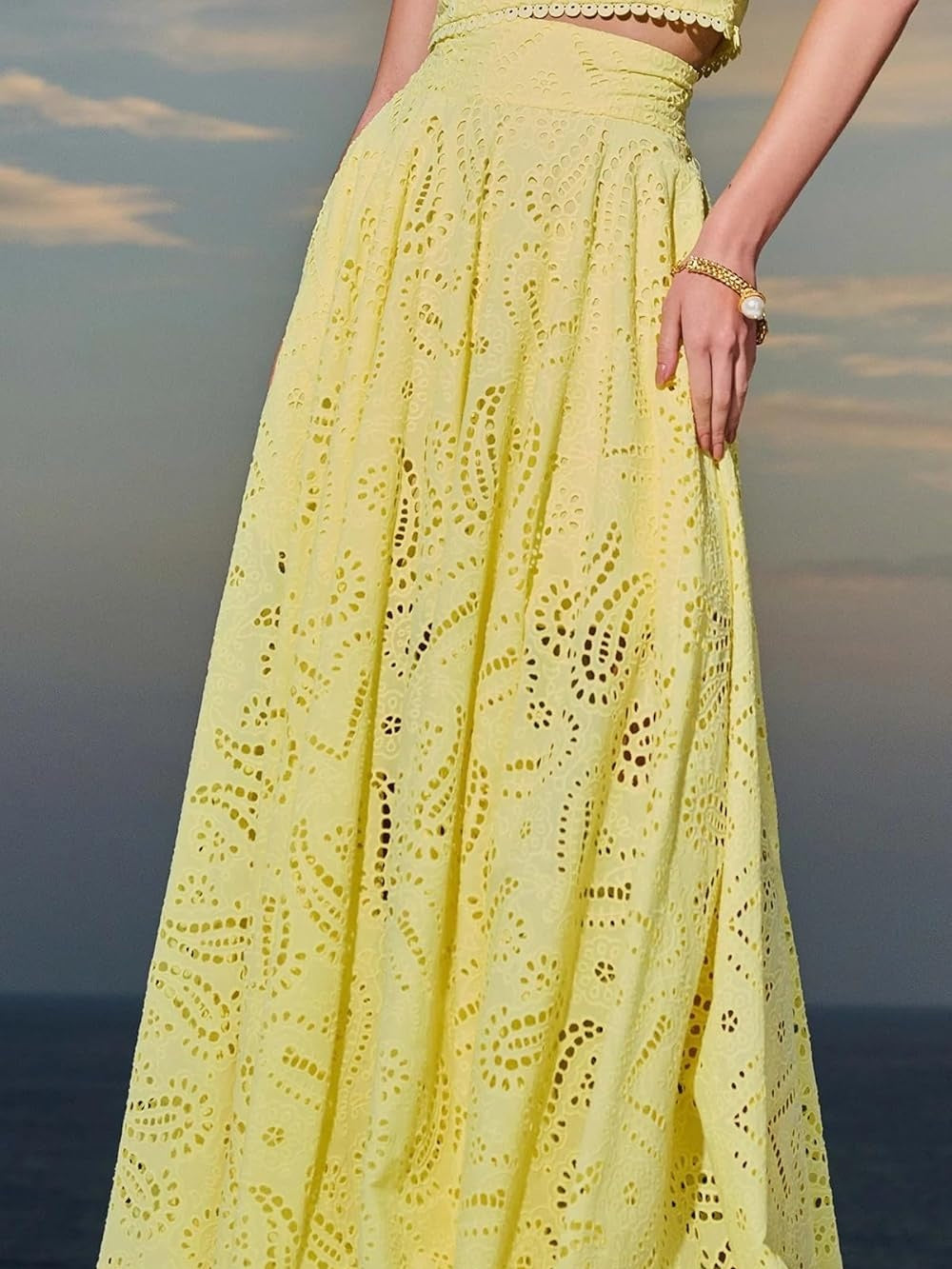 Paisley Eyelet Embroidery Sleeveless Two Pieces Dress
