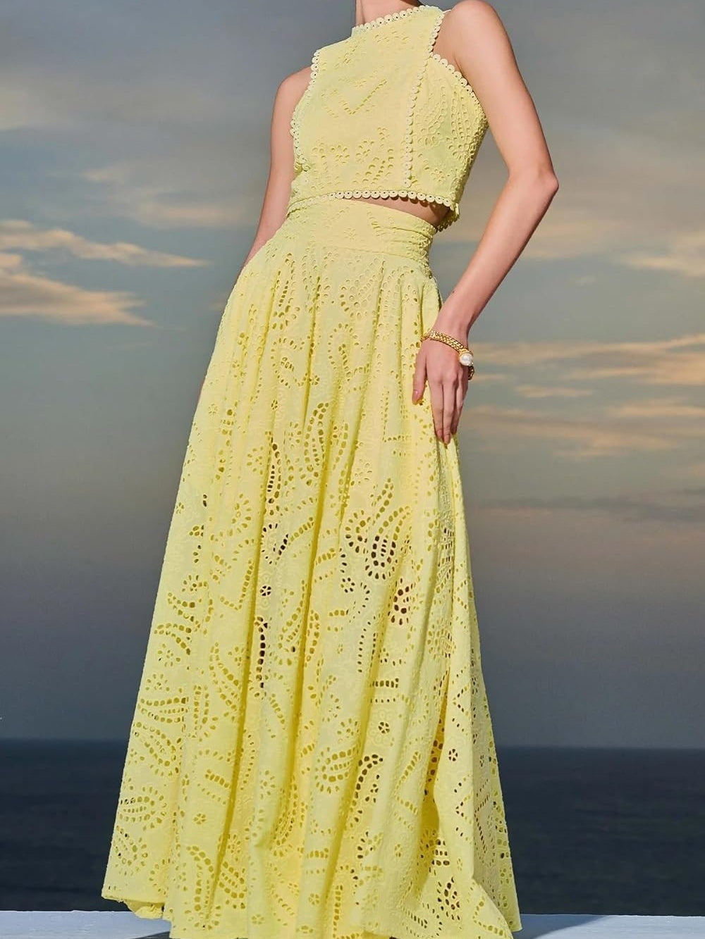 Paisley Eyelet Embroidery Sleeveless Two Pieces Dress