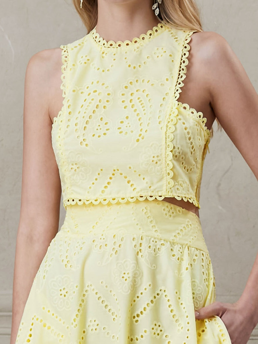 Paisley Eyelet Embroidery Sleeveless Two Pieces Dress