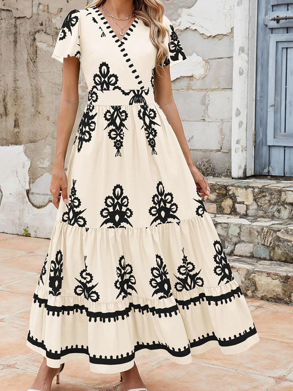 Womens 2025 Summer Casual V Neck Boho Maxi Dress