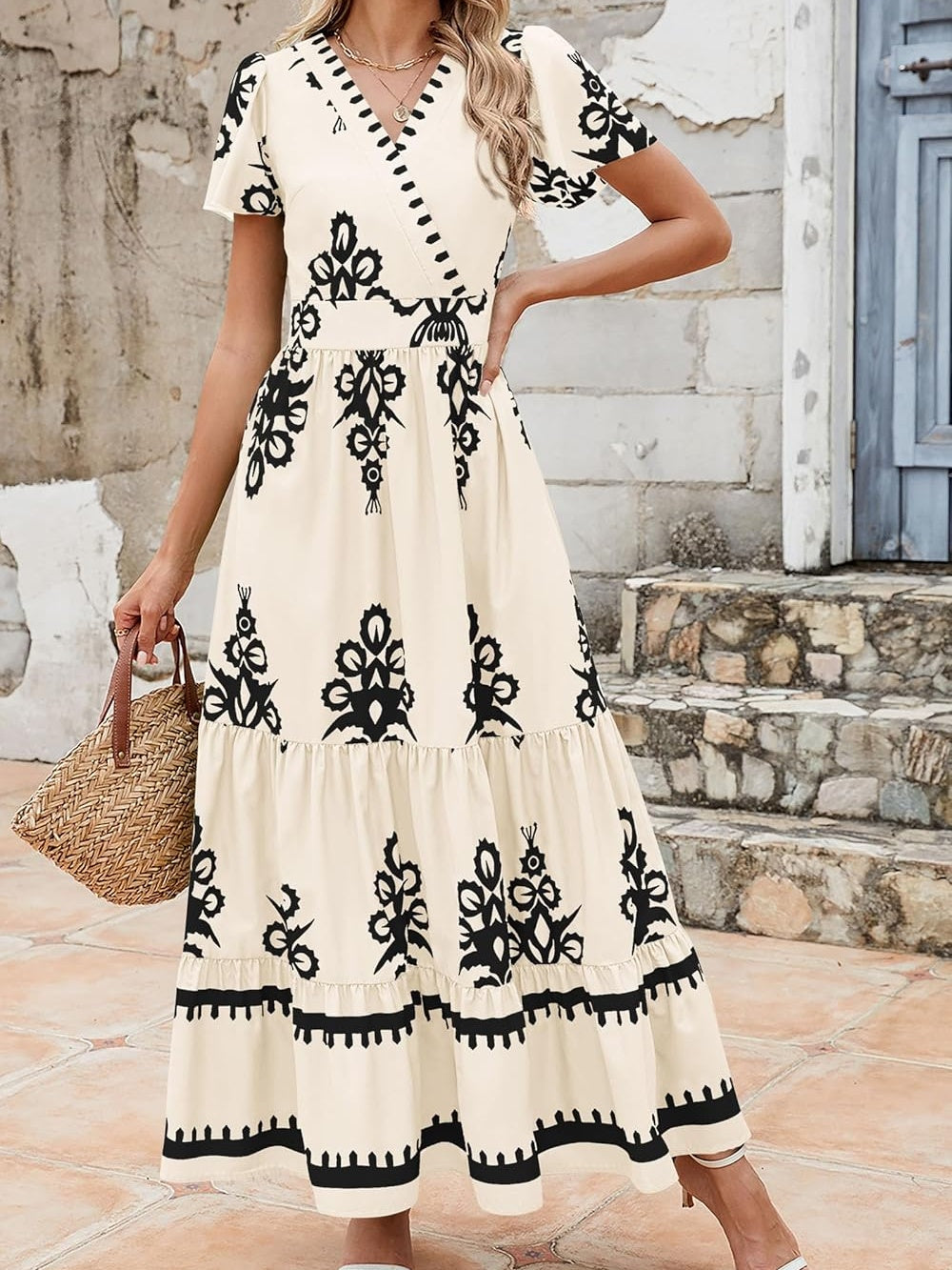 Womens 2025 Summer Casual V Neck Boho Maxi Dress