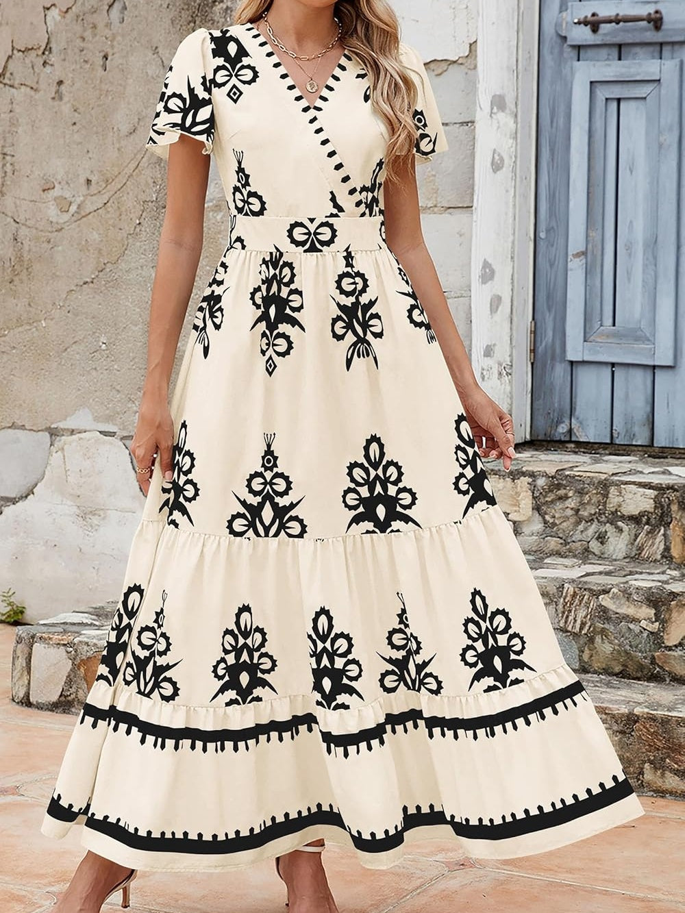 Womens 2025 Summer Casual V Neck Boho Maxi Dress
