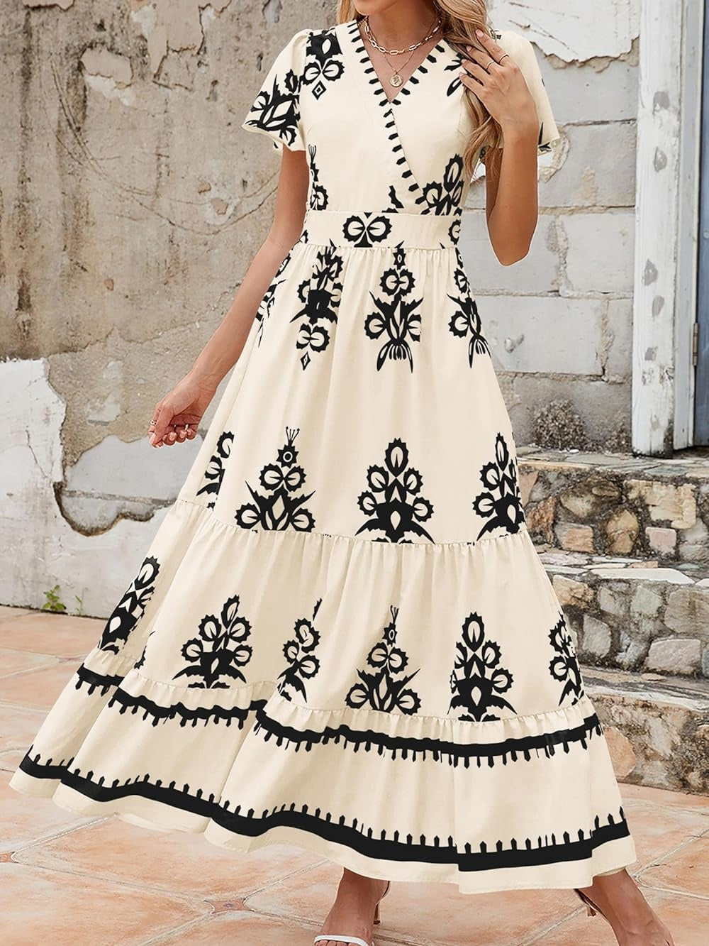 Womens 2025 Summer Casual V Neck Boho Maxi Dress