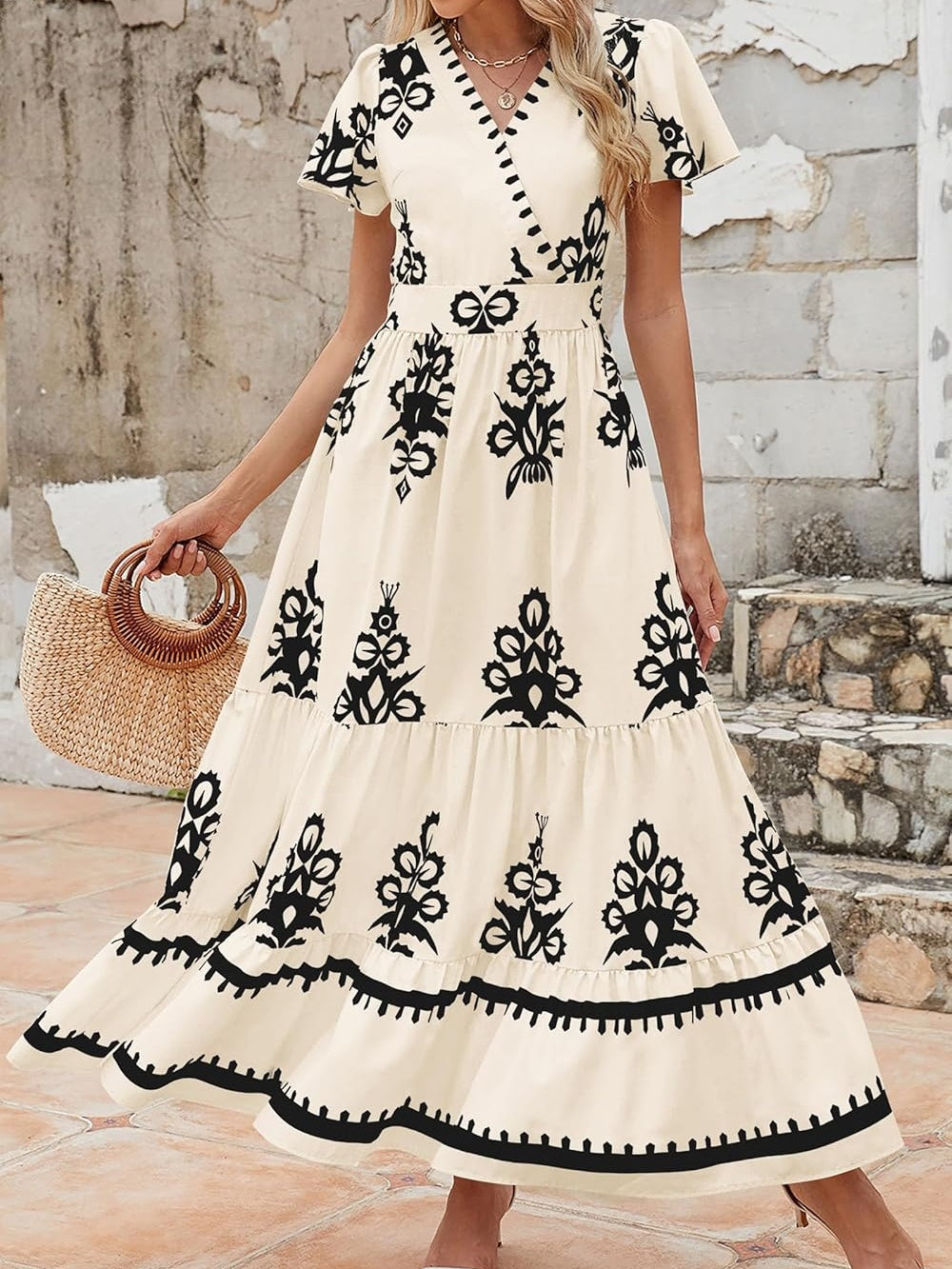 Womens 2025 Summer Casual V Neck Boho Maxi Dress