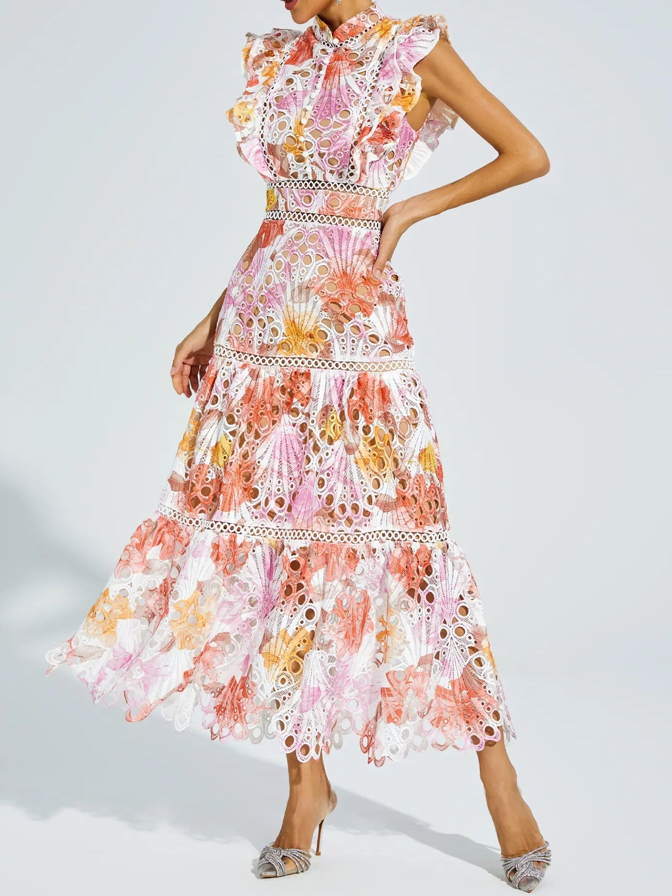 Stand Collar Sleeveless Cut-out Embroidered Dress