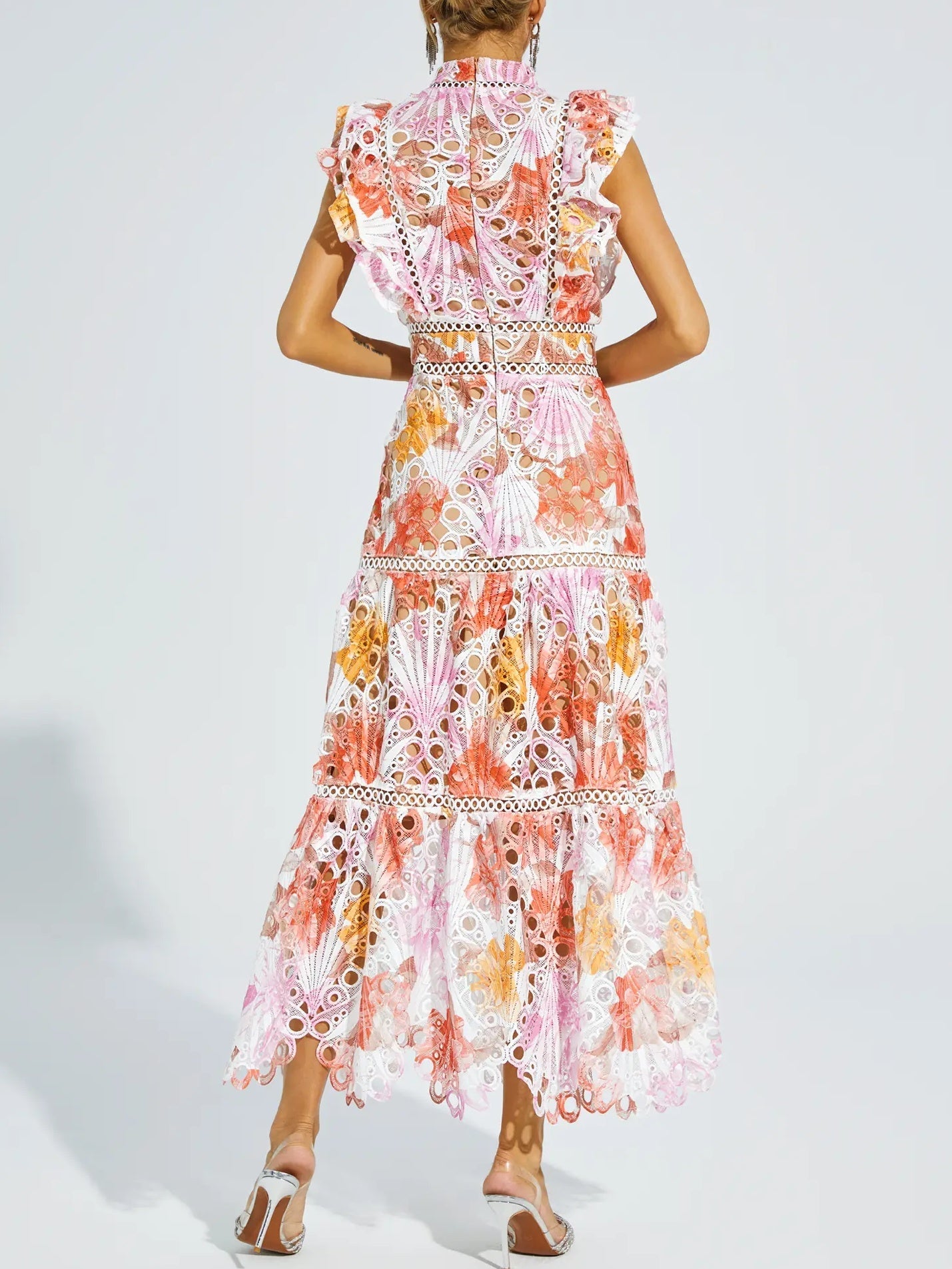 Stand Collar Sleeveless Cut-out Embroidered Dress