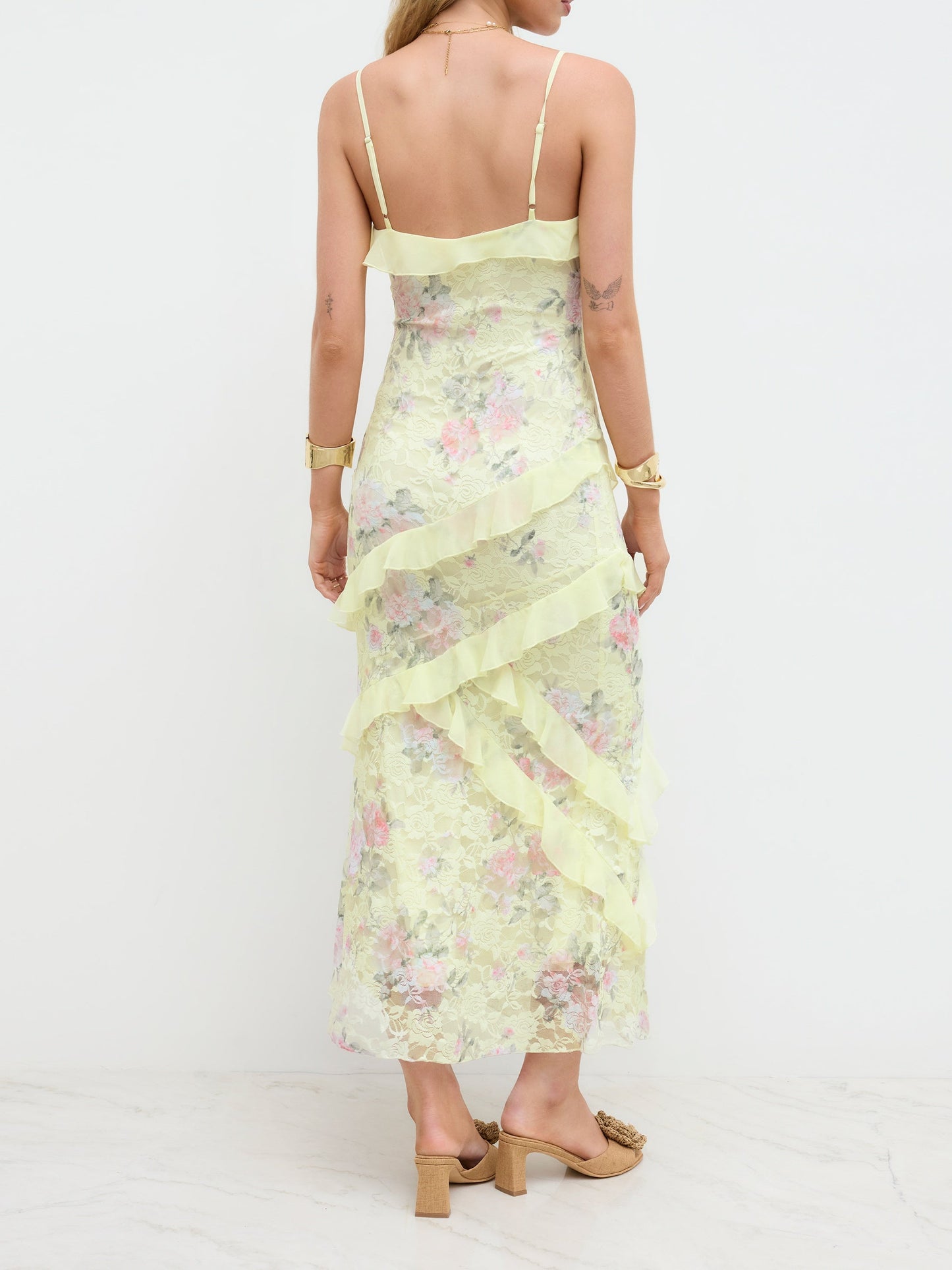Lace V-neck Floral Ruffle Maxi Dress