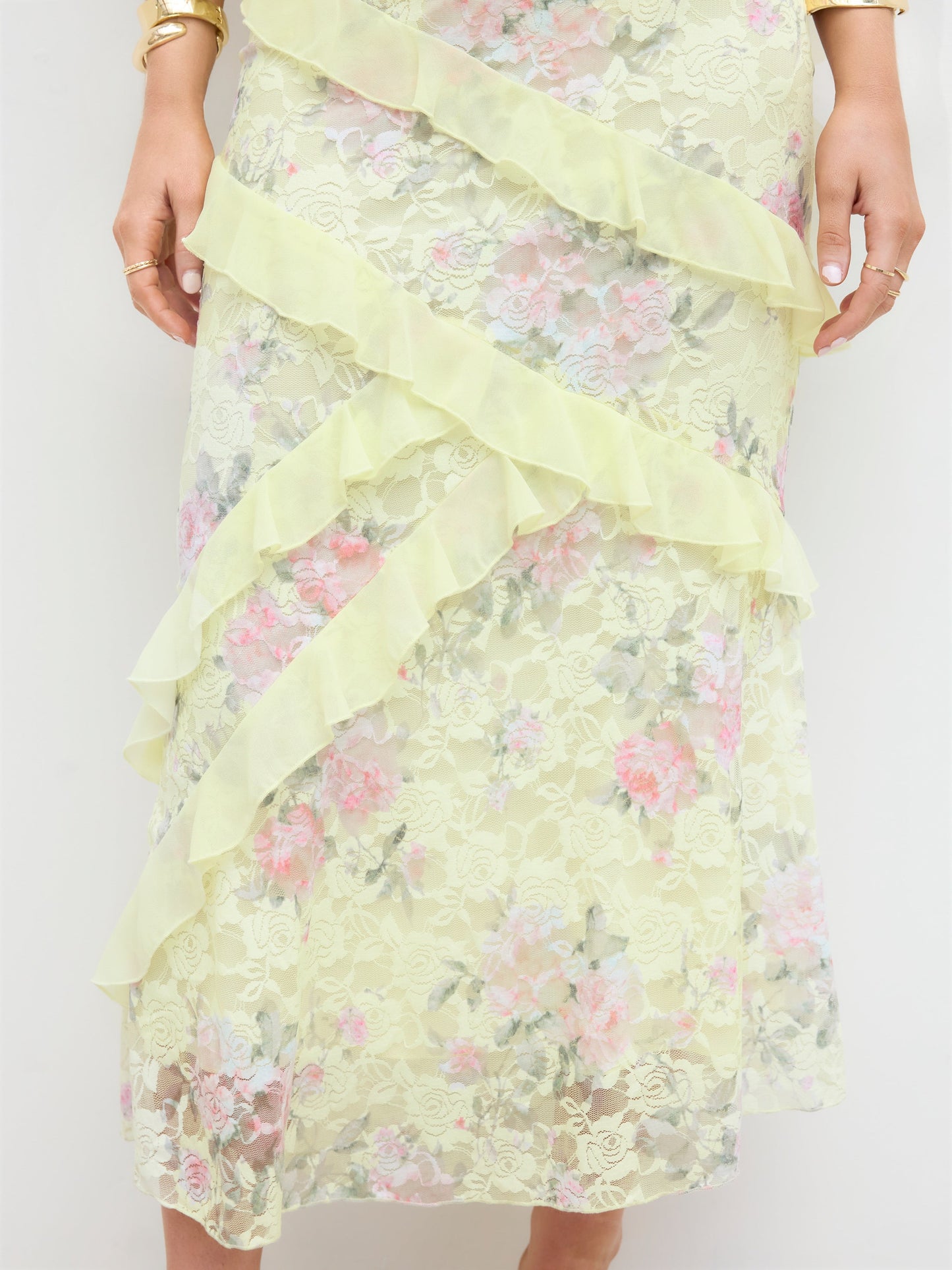 Lace V-neck Floral Ruffle Maxi Dress