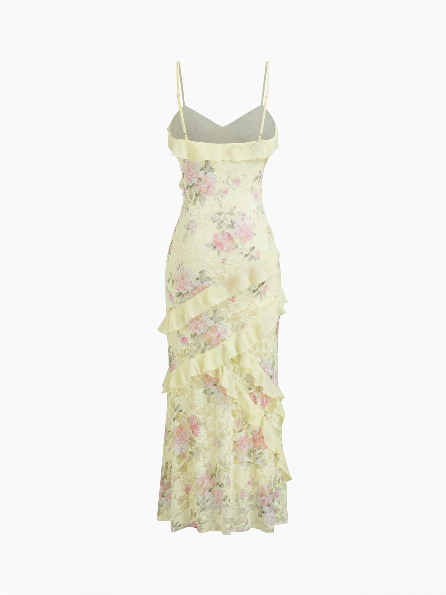 Lace V-neck Floral Ruffle Maxi Dress
