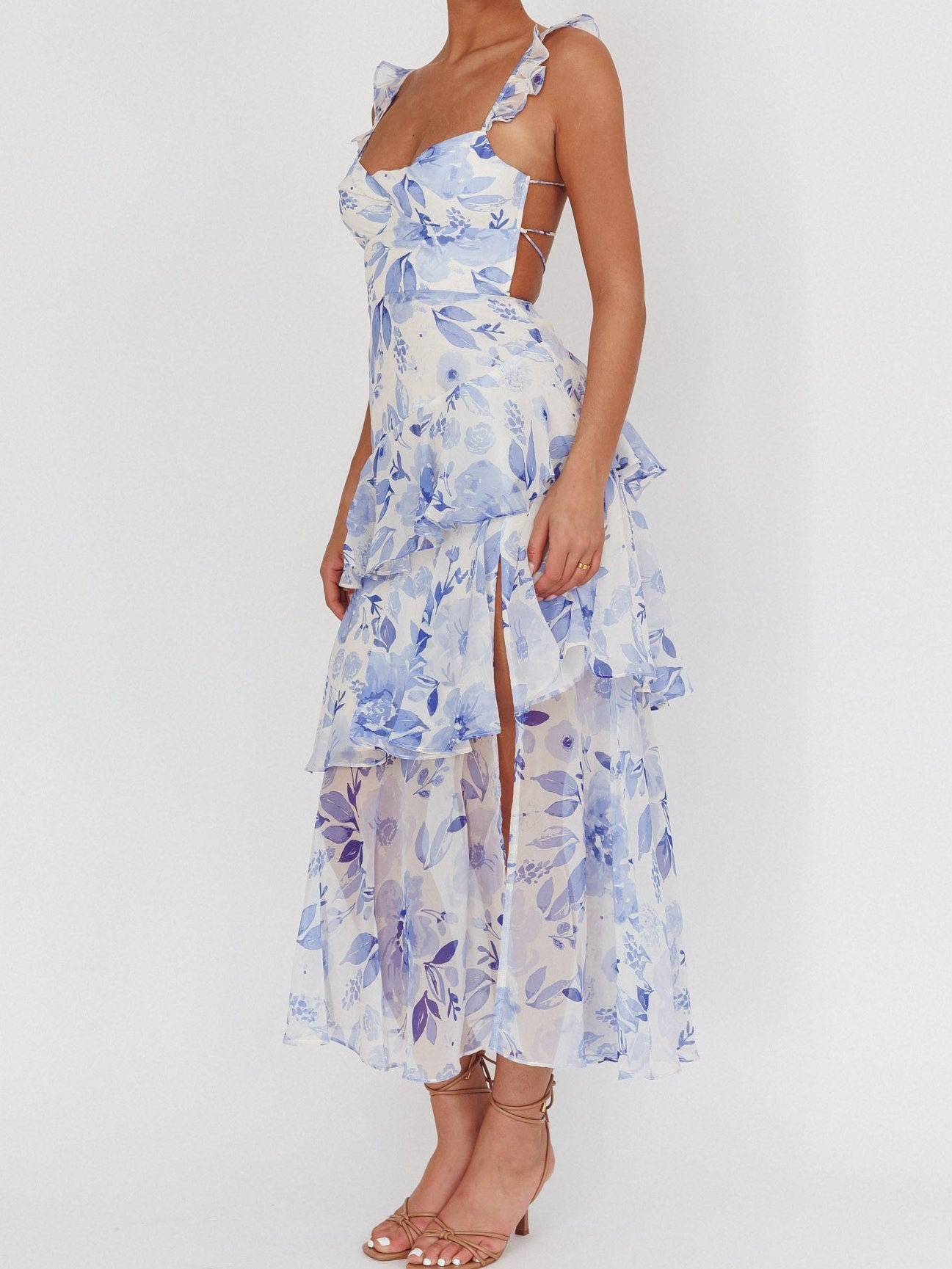 Flowers Blush Strappy Back Ruffle Maxi Dress