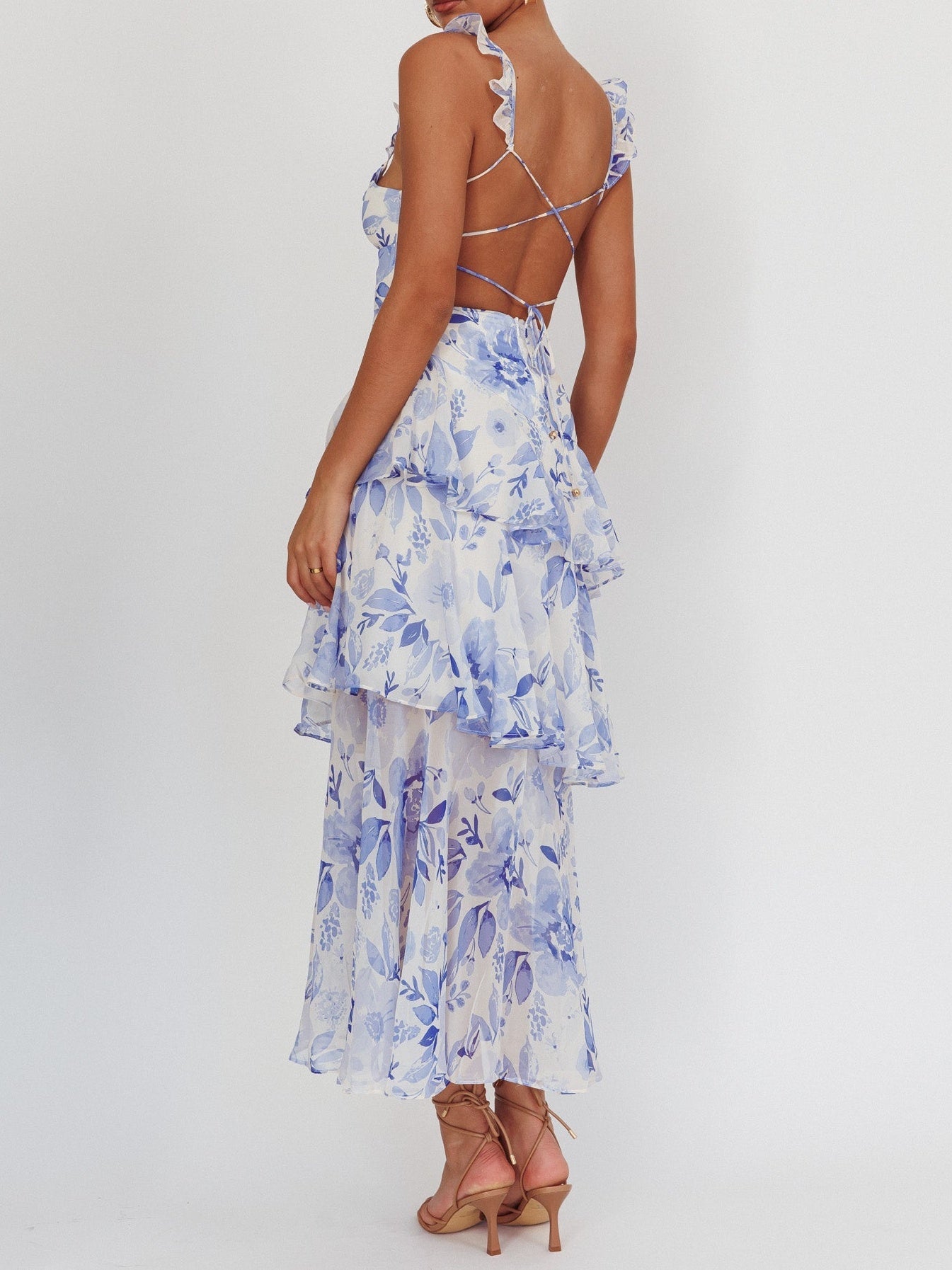Flowers Blush Strappy Back Ruffle Maxi Dress