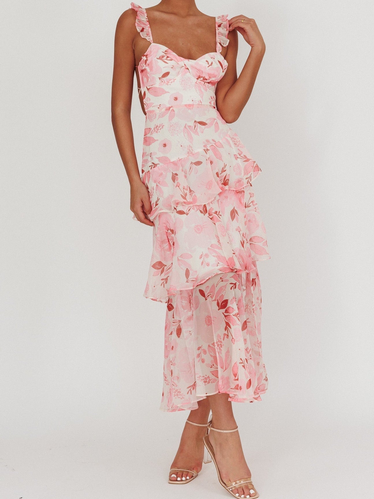 Flowers Blush Strappy Back Ruffle Maxi Dress