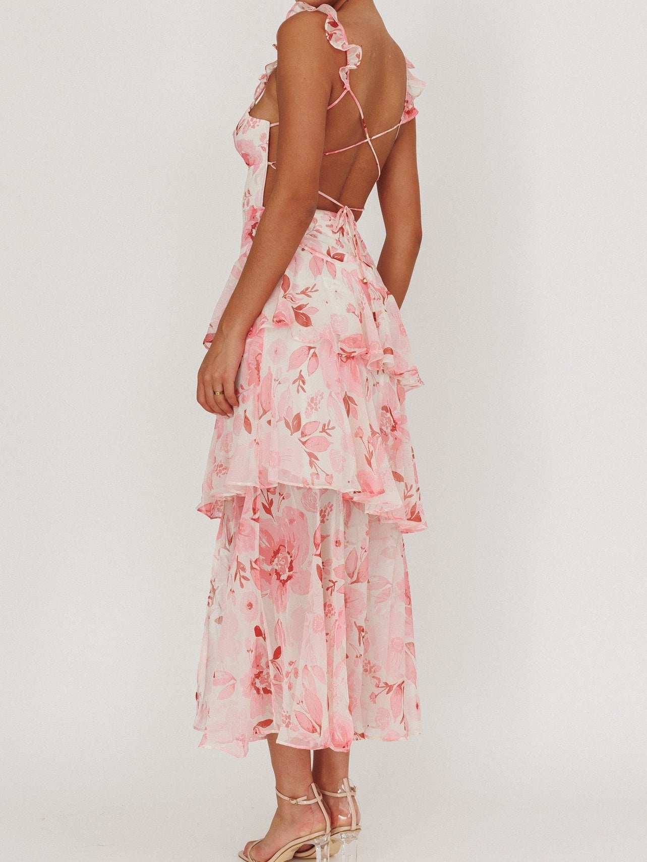 Flowers Blush Strappy Back Ruffle Maxi Dress