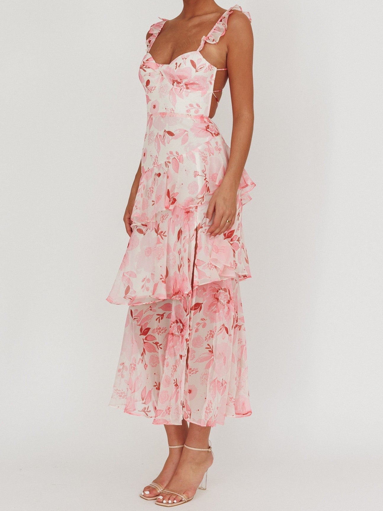 Flowers Blush Strappy Back Ruffle Maxi Dress