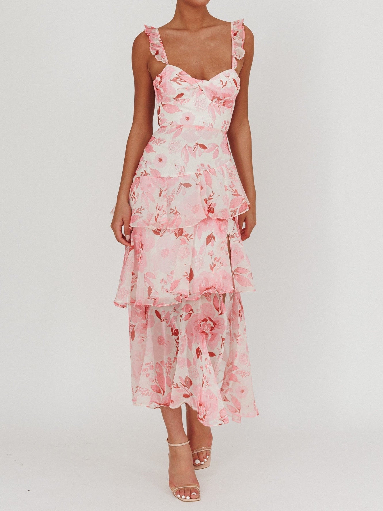 Flowers Blush Strappy Back Ruffle Maxi Dress