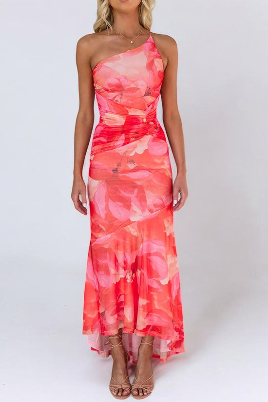Floral Print One Shoulder Ruched Stretch Maxi Dress