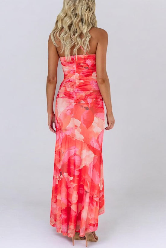 Floral Print One Shoulder Ruched Stretch Maxi Dress