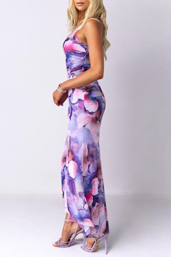 Floral Print One Shoulder Ruched Stretch Maxi Dress