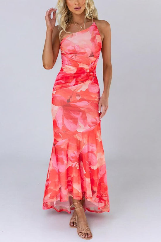 Floral Print One Shoulder Ruched Stretch Maxi Dress