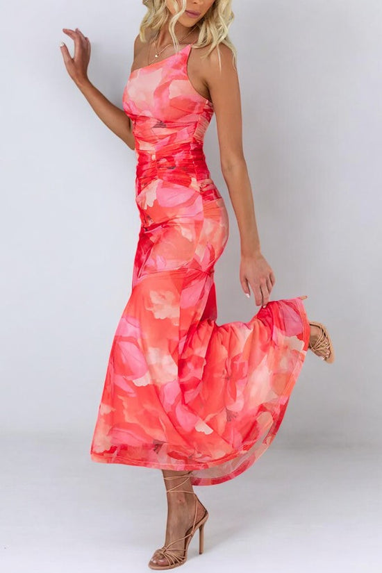Floral Print One Shoulder Ruched Stretch Maxi Dress