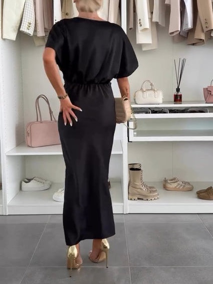 Satin Solid Color V-neck Cross Knot Slim Maxi Dress