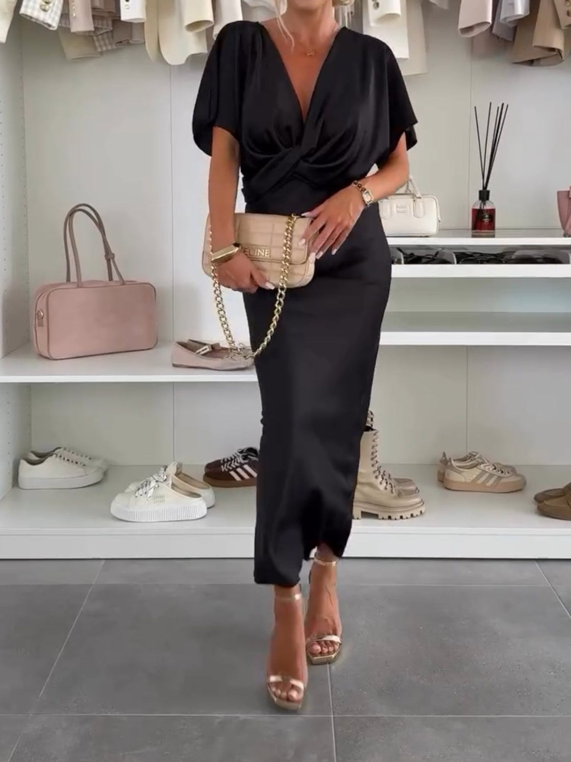 Satin Solid Color V-neck Cross Knot Slim Maxi Dress