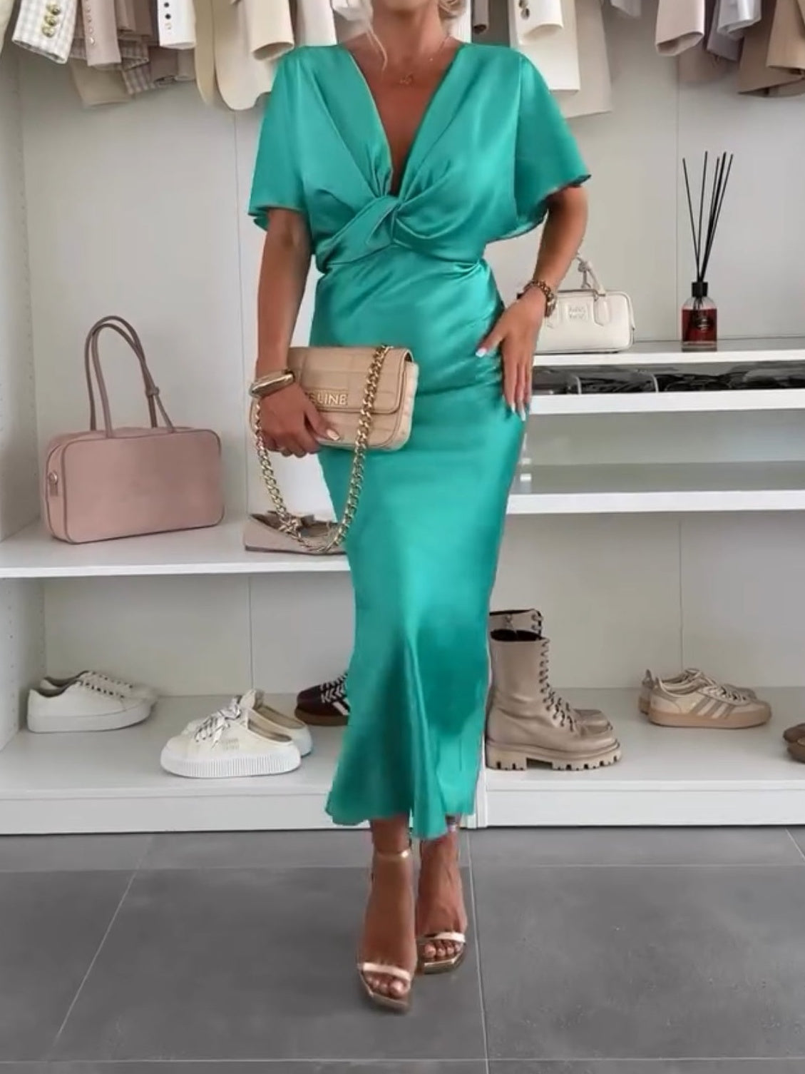 Satin Solid Color V-neck Cross Knot Slim Maxi Dress