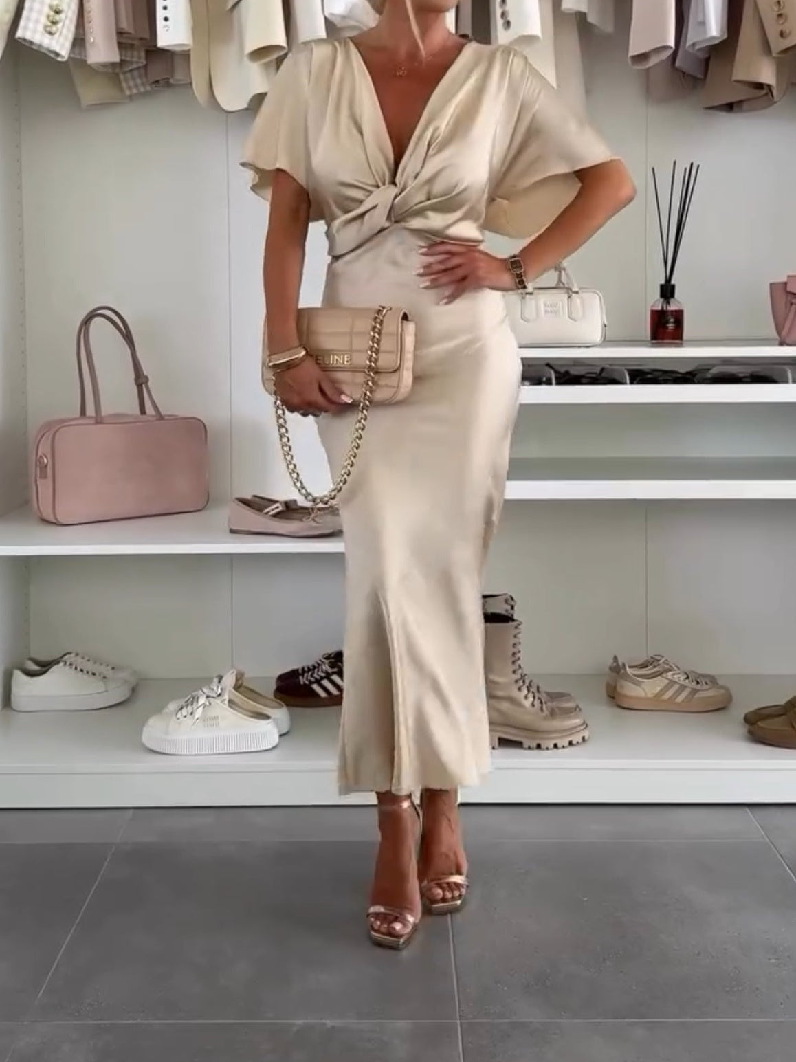 Satin Solid Color V-neck Cross Knot Slim Maxi Dress