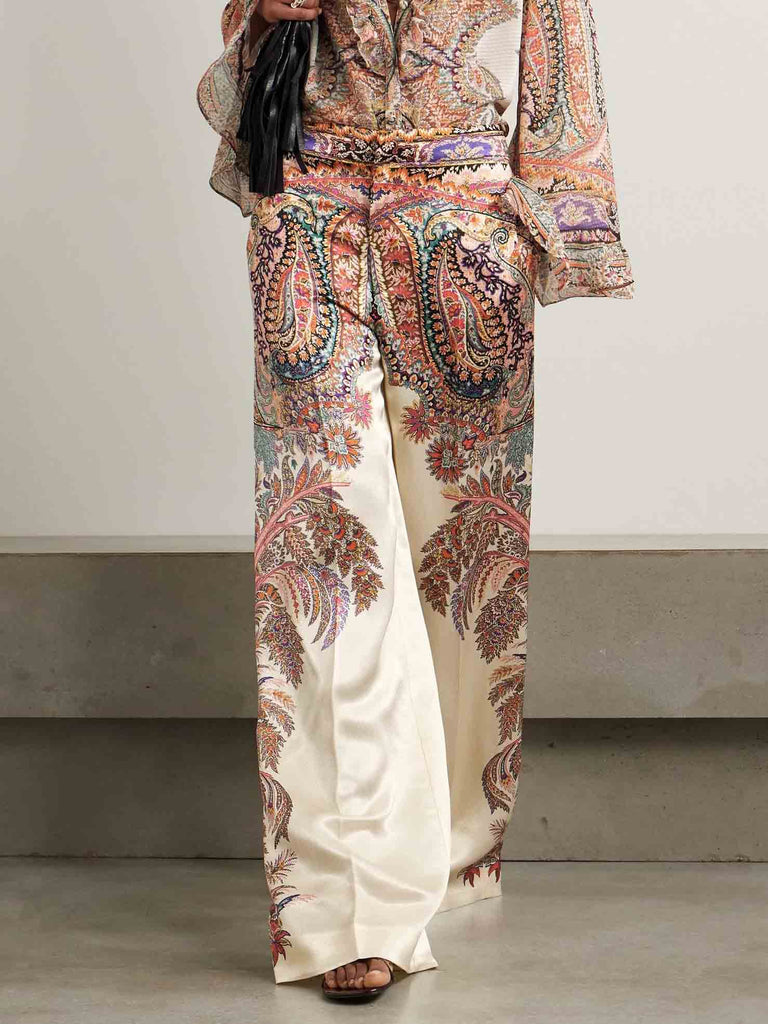 Exquisite Vintage Paisley Print Ruffled Shirt And Wide-leg Pants