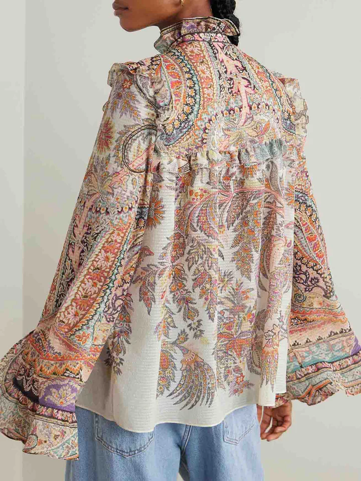 Exquisite Vintage Paisley Print Ruffled Shirt And Wide-leg Pants
