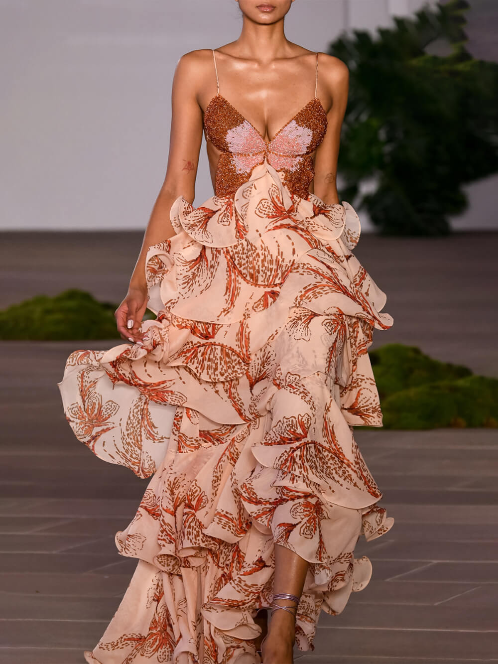 Tiered Sunset Butterfly Print Holder Back Maxi Dress