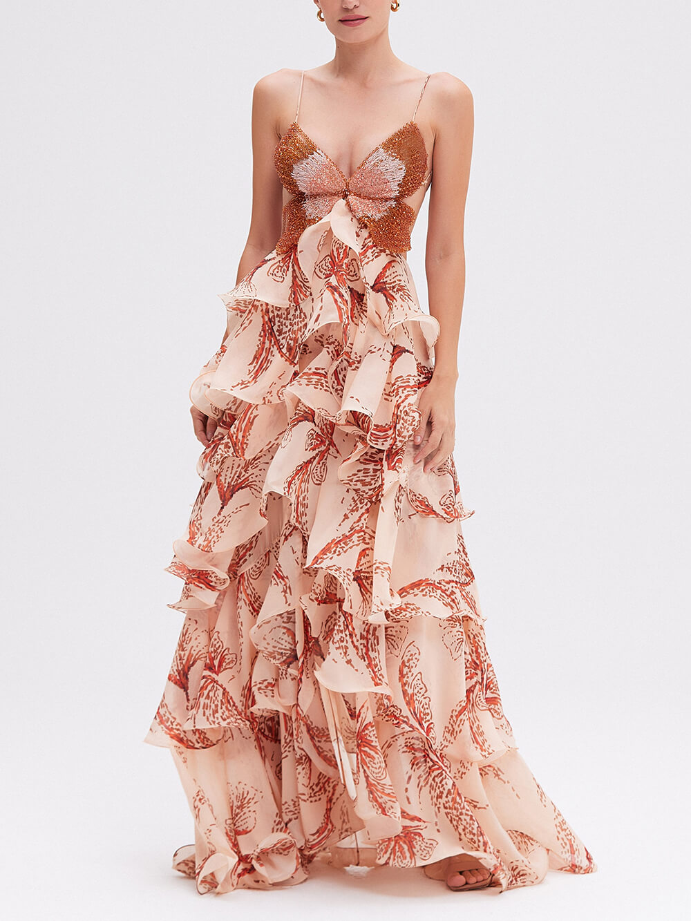 Tiered Sunset Butterfly Print Holder Back Maxi Dress