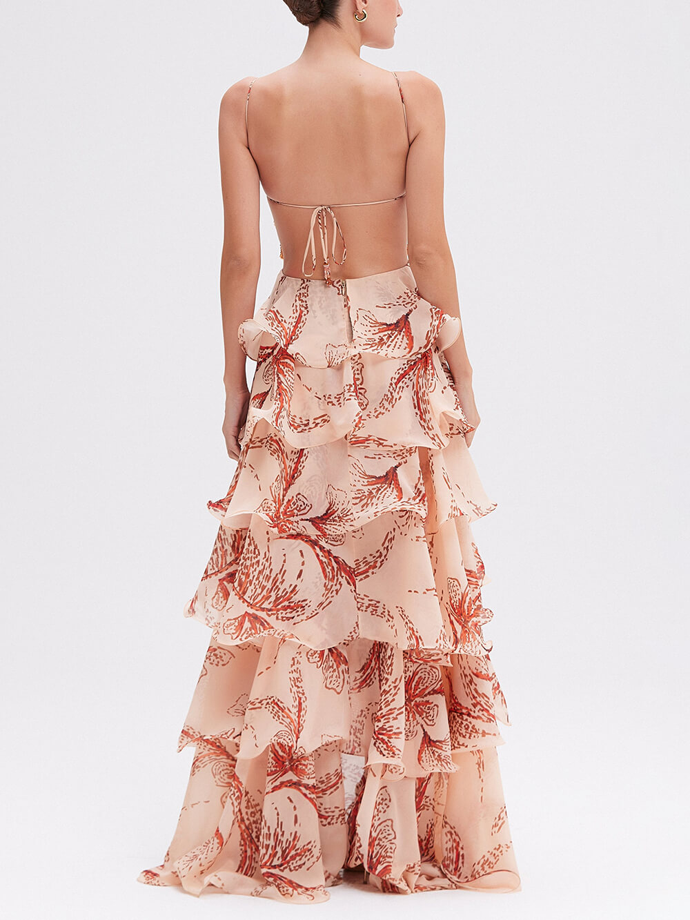 Tiered Sunset Butterfly Print Holder Back Maxi Dress