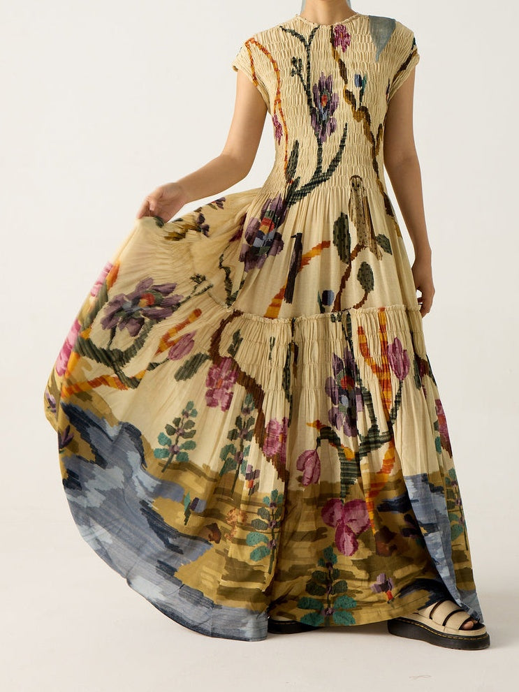 Pleated Print Maxi Dress