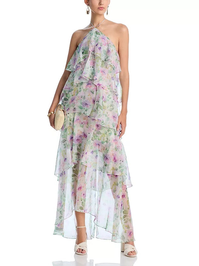 Halter Neck Multi-Layered Ruffle Floral Print Dress