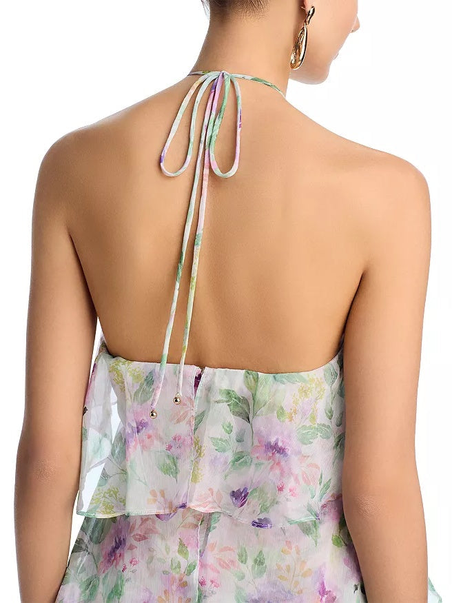 Halter Neck Multi-Layered Ruffle Floral Print Dress
