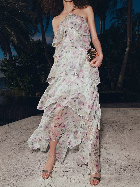 Halter Neck Multi-Layered Ruffle Floral Print Dress