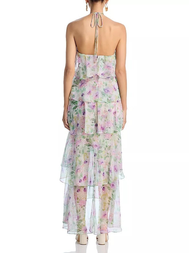 Halter Neck Multi-Layered Ruffle Floral Print Dress